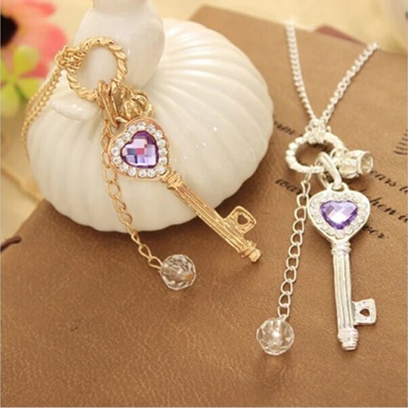 Silver Key Charm Necklace Purple Crystal - Picture 8 of 10